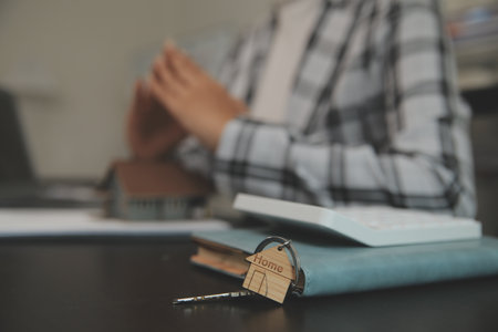 buy or sell real estate mortgage, Sale representative offer house purchase contract to buy a house or apartment and mortgage Money and Financial Conceptsの写真素材