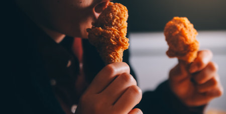 close up focus woman hand hold fried chicken for eat,girl with fast food conceptの写真素材