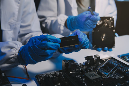 Close up of Technician measuring voltage electronic circuit board television, Service after sale fix electric equipment within insurance.の写真素材