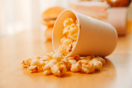 A bucket of popcorn, top-view, warm colors, light brown wooden background, flat lay, daylight macro close-upの写真素材