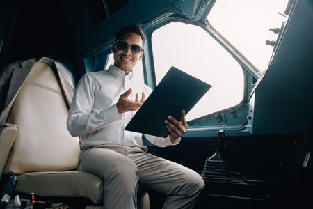 Airplane crew sitting in cockpit with papers, filling in documention before performing flight. Rear...