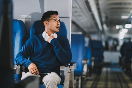 Man with dark hair is reading text message on mobile phone and speaking by phone during flying in the airplaneの写真素材