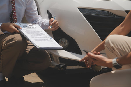 Side view of writing on clipboard while insurance agent examining car after accidentの写真素材