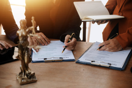 Lawyer, legal advisor, businessman brainstorming information on agreement details Business contracts...