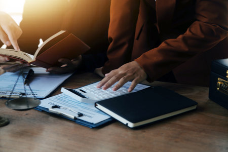 Mediation client meeting lawyer consulting government help, Businessman and Male lawyer or judge...