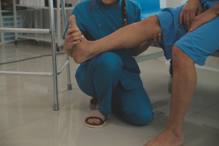 Physical therapists work with patients in close-up clinics. The concept of rehabilitation of...