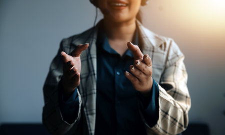 Call center, computer and business with woman in office for customer service, technical support and advice. Technology, contact us and communication with employee operator in help desk agencyの写真素材