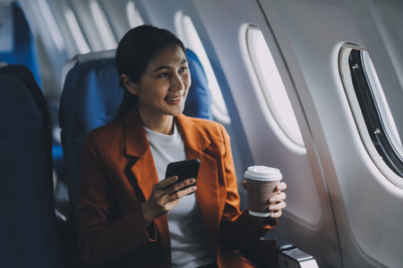 Traveling and technology. Flying at first class. Pretty young businees woman using smartphone while sitting in airplane.の写真素材