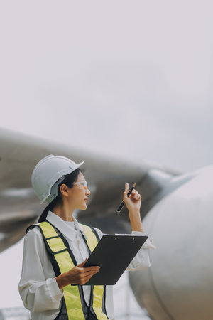 Technician fixing the engine of the airplane,Female aerospace engineering checking aircraft engines,Asian mechanic maintenance inspects plane engineの写真素材