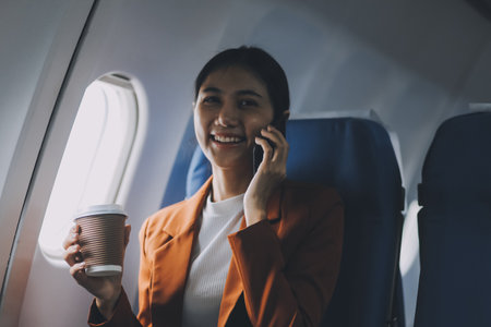 Traveling and technology. Flying at first class. Pretty young businees woman using smartphone while...