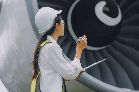 Technician fixing the engine of the airplane,Female aerospace engineering checking aircraft...