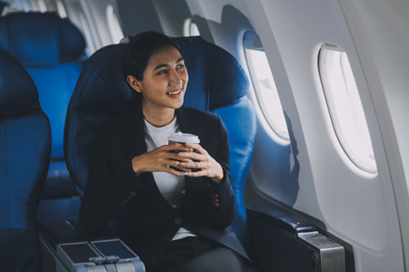 Young business woman sitting inside plane at the airport with sky view from the window drinking a...