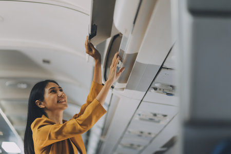 Airplane, travel and portrait of woman with journey and backpack.の写真素材