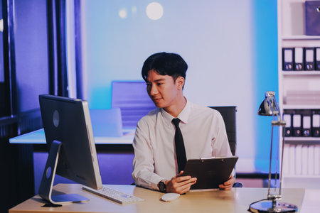 Young pensive asian man working late concentrated and serious in front of computer at night in dark office, Late night working or studying concept.の写真素材