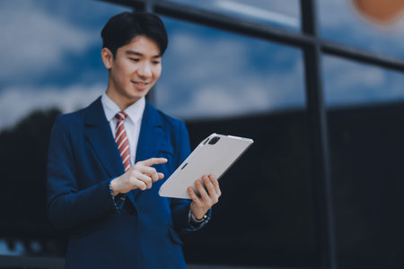 Businessman using tablet and enjoying in coffee break in front of the the corporation. Business, lifestyle conceptの写真素材