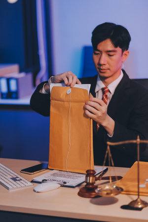 Judge gavel with Justice lawyers having team meeting at law firm background. Concepts of Law and Legal services.の写真素材