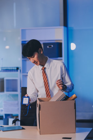 lose job, Your fired. Unhappy business man with surgical medical mask going out with cardboard, looking at camera and feeling looser. indoor shot. business, working and health care concept.の写真素材