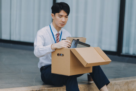 Sadness depressed Businessman with box cardboard packing personal items after losing jobs. Failure businessman sitting at stair front of building. Your fired Unemployed Jobless People Crisisの写真素材