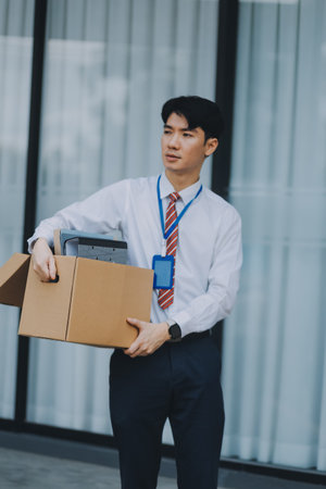 Sadness depressed Businessman with box cardboard packing personal items after losing jobs. Failure businessman sitting at stair front of building. Your fired Unemployed Jobless People Crisisの写真素材