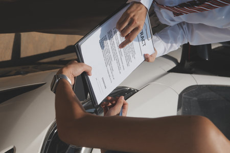 Side view of writing on clipboard while insurance agent examining car after accidentの写真素材
