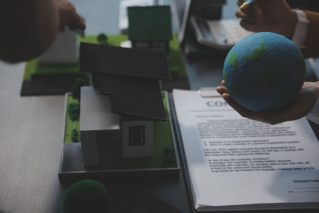 Carbon offset price report CO2 emission. Future growth Net zero waste in ESG ethical SME office protect climate change global warming social issues project. Group of asia people Eco friendly SDGs planの写真素材