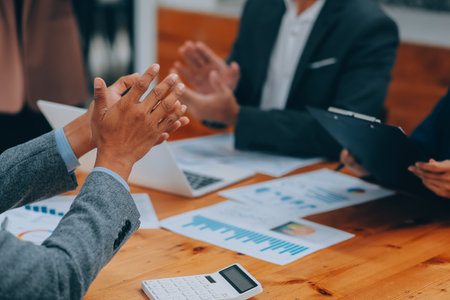 Business People Teamwork are Meeting Conference and Congratulations to Successful of Their Project. Group of Employees Colleagues Congrated to Partnership After Dealing Complete, Business and Creativeの写真素材