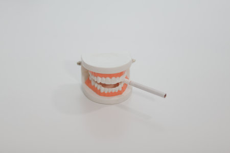 Ashtray in the form of a tooth with a stub on a white background