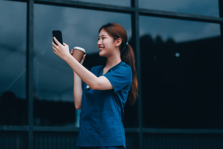 Confident nurse on her way to work in a clinic. Pretty female nurse drinking coffee and rest after hard work. The young adult female nurse drinks her coffee as she arrives to work at the hospital.の写真素材