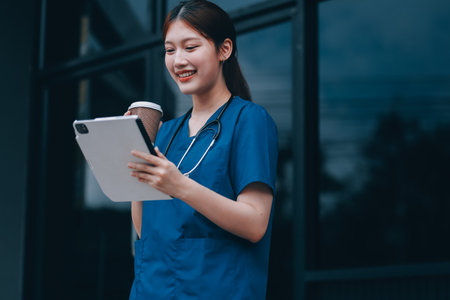 Confident nurse on her way to work in a clinic. Pretty female nurse drinking coffee and rest after hard work. The young adult female nurse drinks her coffee as she arrives to work at the hospital.の写真素材