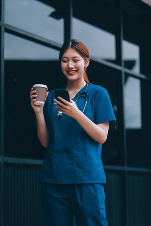 Confident nurse on her way to work in a clinic. Pretty female nurse drinking coffee and rest after hard work. The young adult female nurse drinks her coffee as she arrives to work at the hospital.の写真素材