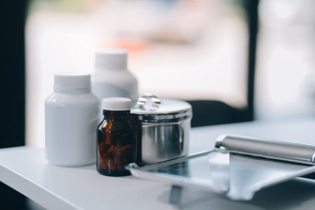 Health care billing statement with stethoscope, bottle of medicine for doctor's work in medical...