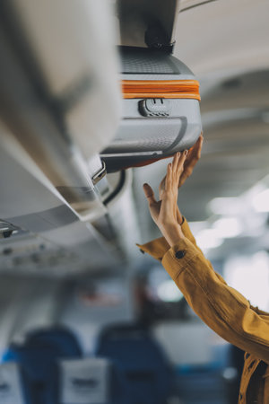 Young Female Tourist Storing Luggage in Overhead Compartment on Airplane During Travelの写真素材
