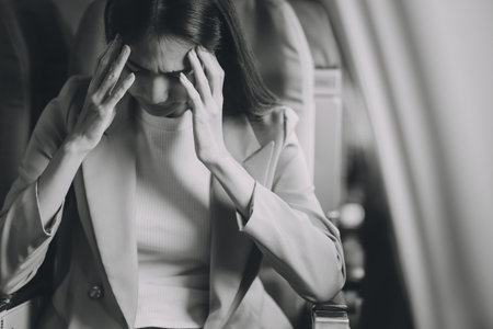 Young asian chinese airplane passenger woman experiencing discomfort, Airplane headache. Worried female passenger holding head, feeling unwell Anxiety and fear in the skies. Stressful travel moments.の写真素材