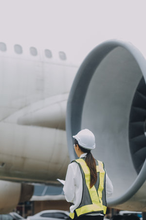 Technician fixing the engine of the airplane,Female aerospace engineering checking aircraft engines,Asian mechanic maintenance inspects plane engineの写真素材