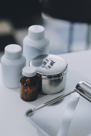 Health care billing statement with stethoscope, bottle of medicine for doctor's work in medical...