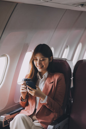 Attractive Asian female passenger of airplane sitting in comfortable seat while working laptop and tablet with mock up area using wireless connection. Travel in style, work with grace.の写真素材