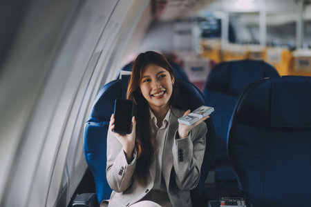 A young Asian woman, seated as an airplane passenger, contemplates dollar bills, reflecting on lucrative opportunities and aspirations towards billionaire status.の写真素材