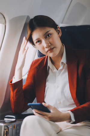 Photo of a frustrated woman sitting on an airplane with her head in her hands. Asian woman sitting in a seat in airplaneの写真素材