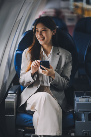 Asian woman sitting in a seat in airplane and looking out the window going on a trip vacation travel concept.Capture the allure of wanderlust with this stunning imageの写真素材