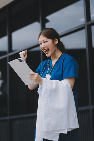 A cheerful woman in scrubs holds a clipboard, standing confidently before a modern hospital building, representing professional healthcare service.の写真素材