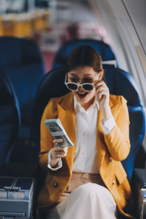 A young Asian woman, seated as an airplane passenger, contemplates dollar bills, reflecting on lucrative opportunities and aspirations towards billionaire status.の写真素材