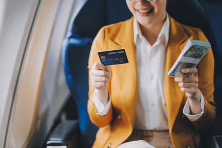 A young Asian woman, seated as an airplane passenger, contemplates dollar bills, reflecting on lucrative opportunities and aspirations towards billionaire status.の写真素材