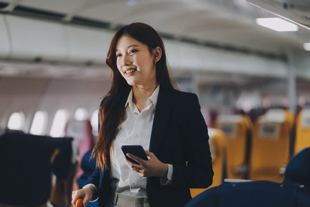 Businesswoman, confident tourist walks with suitcase, checks seat, flight number, puts her suitcase on shelf inside airplane travel lifestyle concept.の写真素材