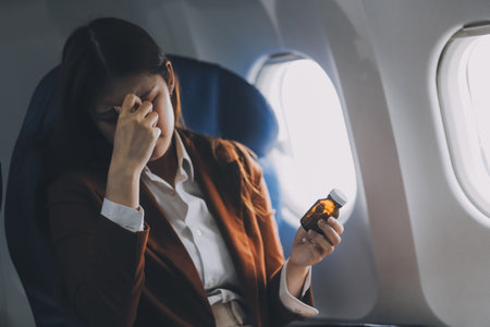 Photo of a frustrated woman sitting on an airplane with her head in her hands. Asian woman sitting in a seat in airplaneの写真素材