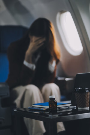 Photo of a frustrated woman sitting on an airplane with her head in her hands. Asian woman sitting in a seat in airplaneの写真素材