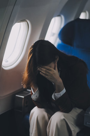 Photo of a frustrated woman sitting on an airplane with her head in her hands. Asian woman sitting in a seat in airplaneの写真素材