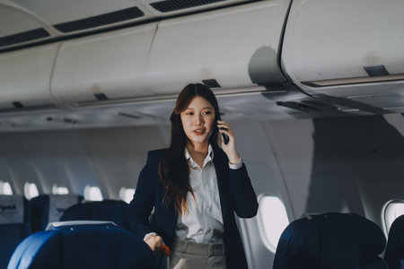 Businesswoman, confident tourist walks with suitcase, checks seat, flight number, puts her suitcase on shelf inside airplane travel lifestyle concept.の写真素材