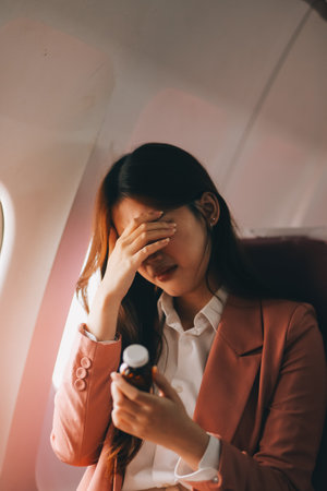 Tired asian woman with headache feeling sick while sitting in the airplane , Passengers near the window.の写真素材