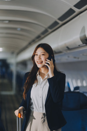 Asian young women passenger walk in airport terminal to boarding gate. Attractive beautiful female tourist friends feeling happy and excited to go travel abroad by airplane for holiday vacation trip.の写真素材