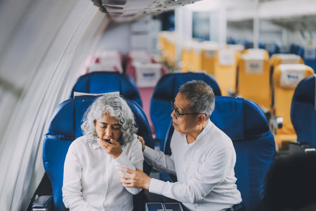 A mature woman sits by the window on a passenger plane, traveling abroad. She looks unwell, experiencing a headache, nausea, and vomiting, which dampens her travel excitement.の写真素材